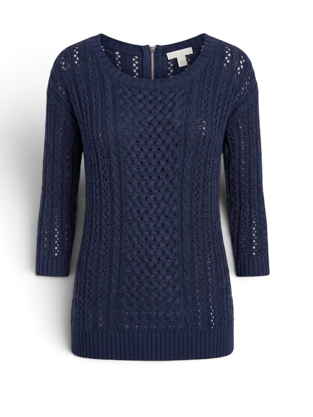 Anthropologie Moth Navy Blue Open Cable Knit Zip Sweater Womens Size Small